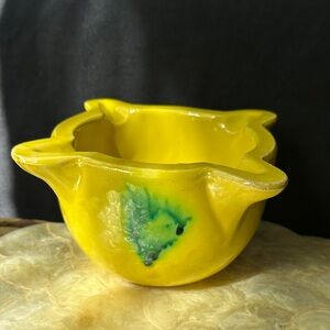 Vintage Earthenware French Mortar Yellow Bowl with Green Accent